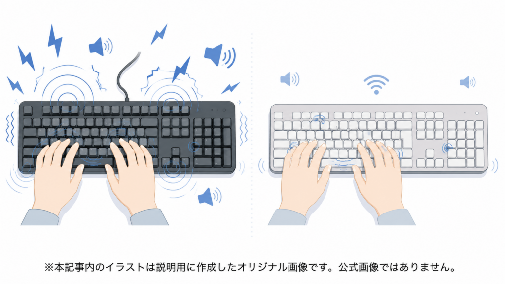 logicool k295の静音性を一般的なキーボードと比較したイラスト