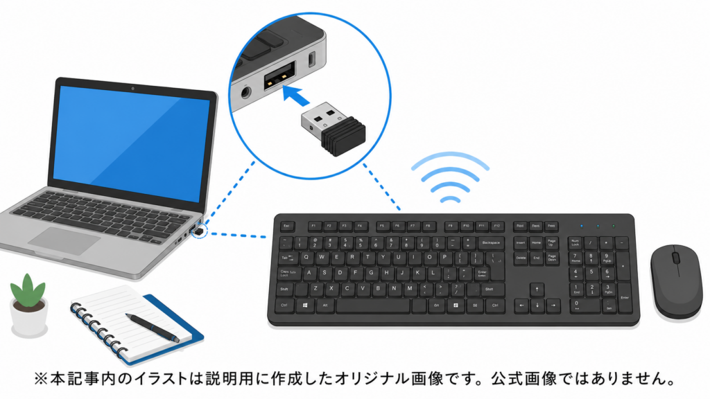 logicool k295をUSBレシーバーで接続する手順を示したイラスト