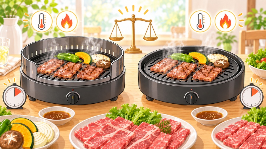 煙の少なさはほぼ同等で油はねの抑えやすさはやきまるスリムが優位
